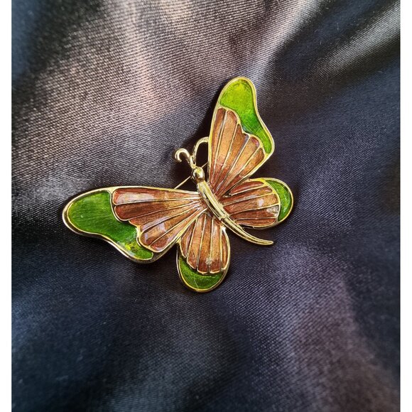 Vintage MFA Museum of Fine Arts Signed Enamel Green and Brown Butterfly Brooch P - Picture 5 of 7